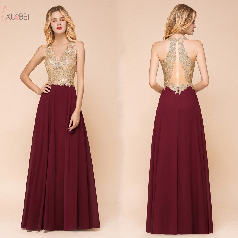 Burgundy Long Prom Dresses V Neck Sleeveless Gown Gold Lace Applique