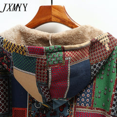 Winter Vintage Women Coat Warm Printing Thick Fleece Hooded Long Jacket