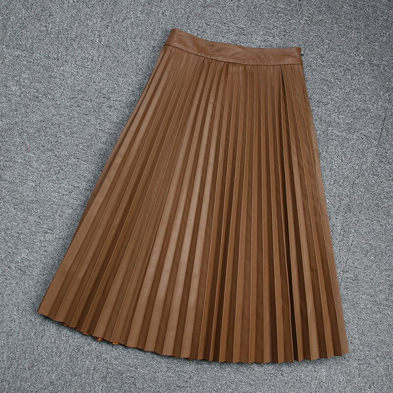 Pleated Skirts For Women Spring Female Harajuku Genuine Leather Vintage