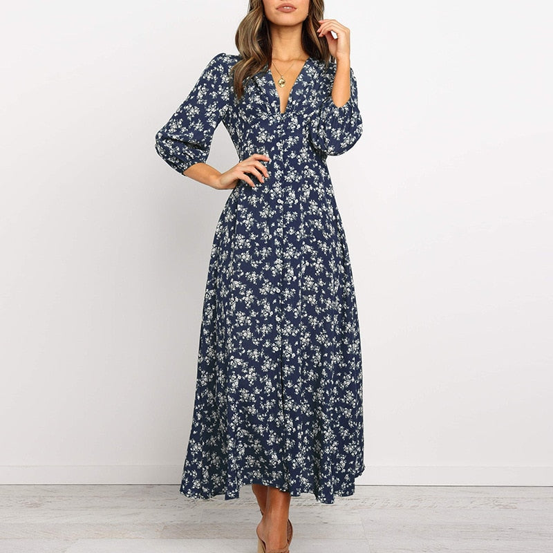 Women Chiffon Long Dress Floral Print Lantern Sleeve A-line Maxi