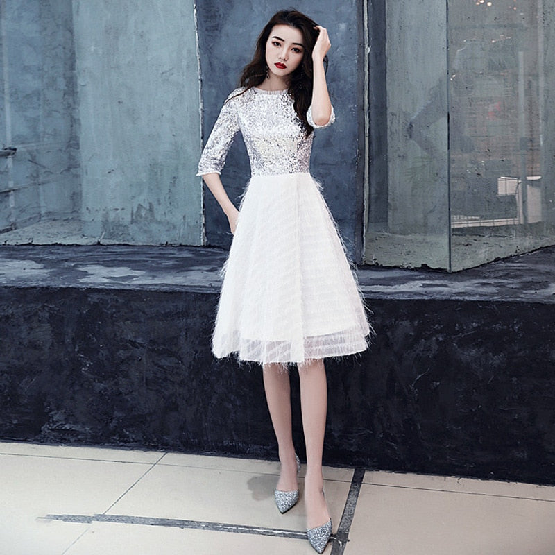 Homecoming Dresses: Prom Dresses Sparkling O-Neck Women Party Sliver White