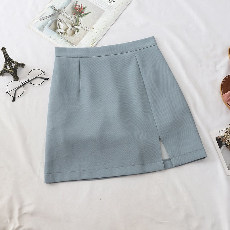 Spring Women Skirts Preppy Style A-line High-waist Split Mini Skirts