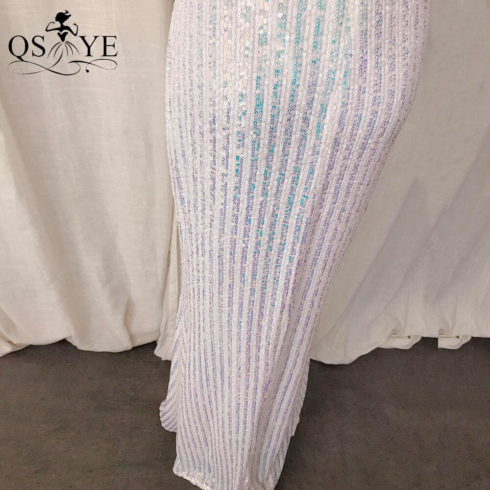 Homecoming Dresses: Off Shoulder White Prom Dress Long Twill Sequin Evening Gown