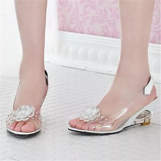 Large Size Female Sandals Summer Rhinestone Wedge Heel Sweet Flowers