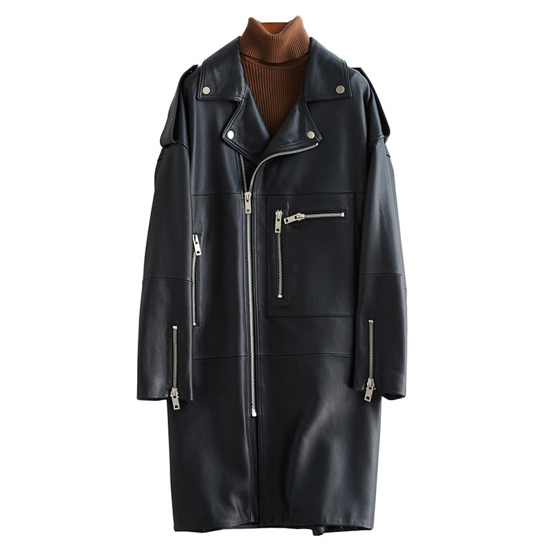 Autumn Oversized Black Long Womens Leather Jacket