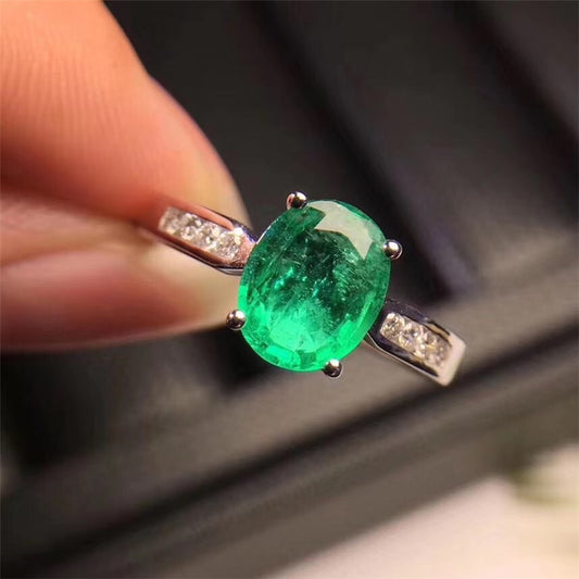 Luxury 925 Silver Ring With Green Oval natural Emerald Gemstone Silver Woman
