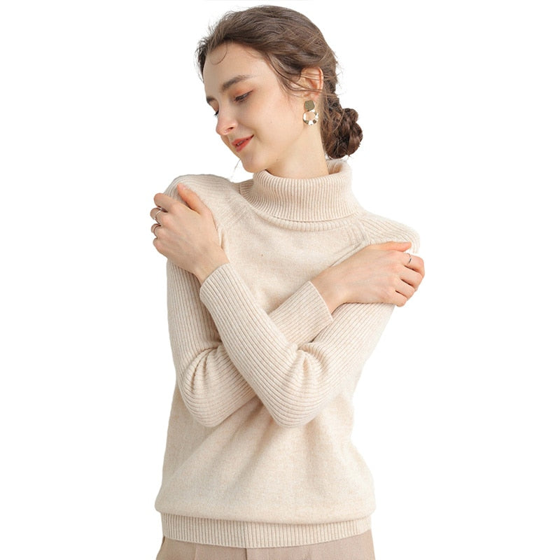 Women Turtleneck Merino Wool Cashmere Sweater Long Sleeves Autumn Winter Sweater