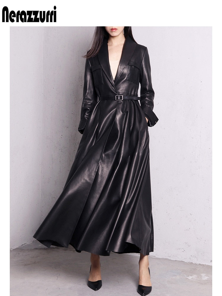 High Quality Red Black Maxi Pu Leather Trench Coat for Women Extra