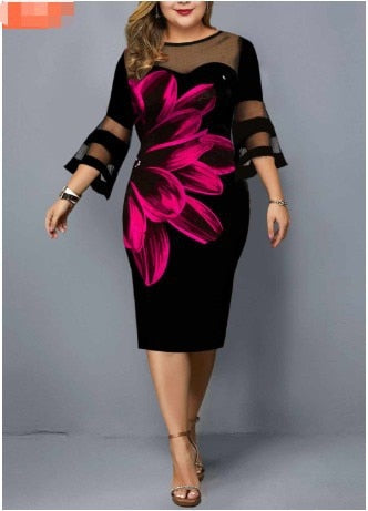 Plus Size Dress Women Evening Party Midi Elegant Mesh Lace Print Floral