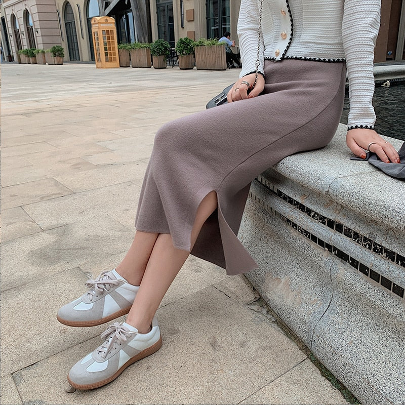 High Elastic Waist Women Long Skirt Knitted Pencil Skirt Wool Autumn Split Skirts