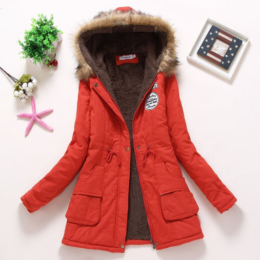 Military coats women cotton wadded hooded jacket medium-long