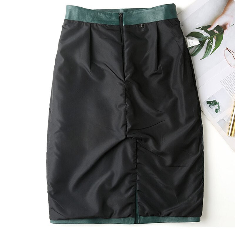 Women Lace-up Genuine Leather Skirt Female Winter Pure Knee Length