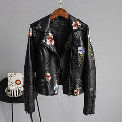 Ftlzz Women Floral Print Embroidery Faux Soft Leather Jacket Coat