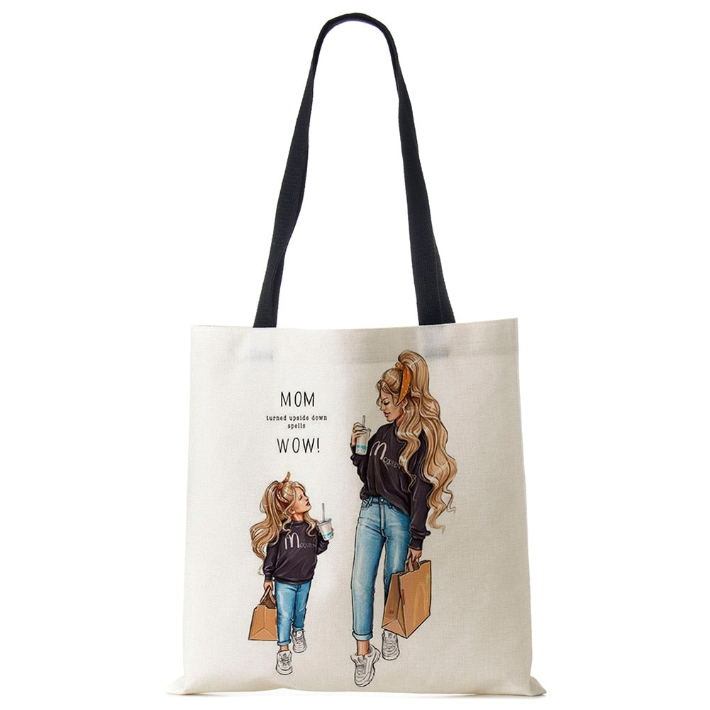 Cute Cartoon Super Mama Print Linen Tote Bag Reusable Shoulder Bags Mom