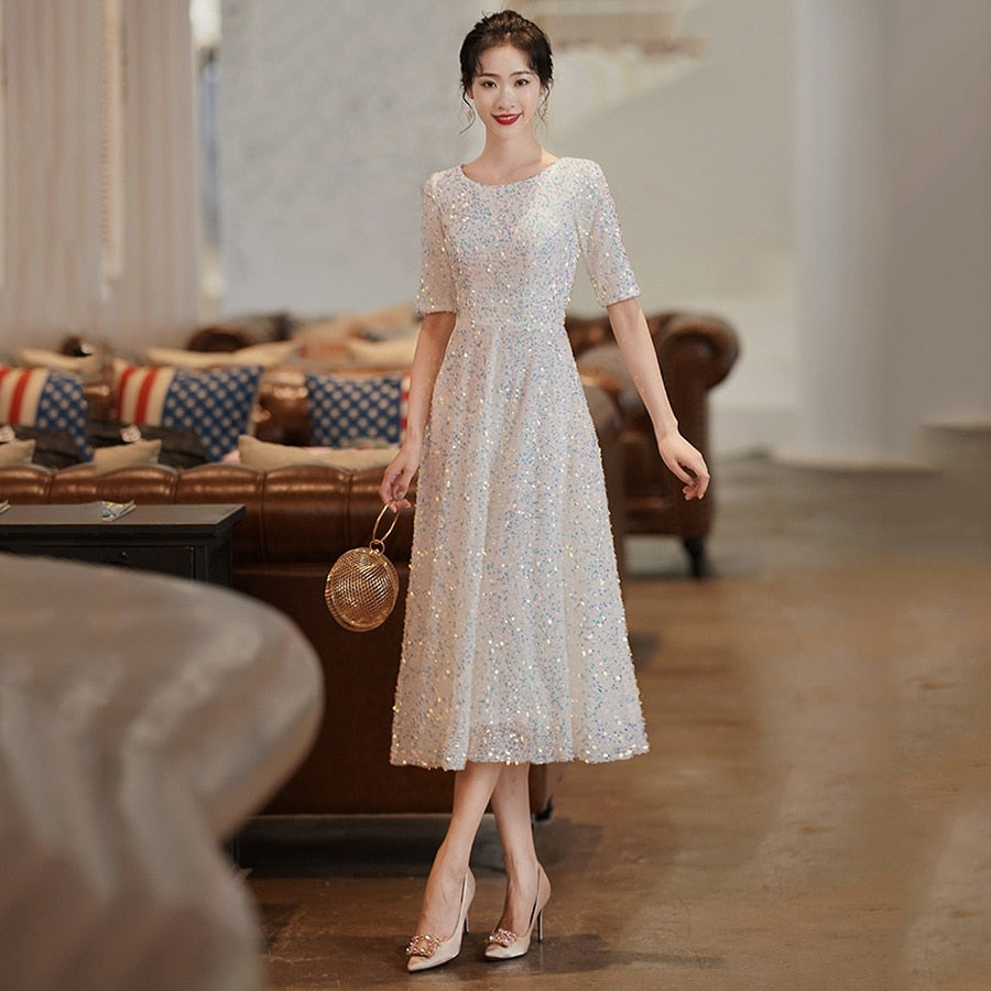 Evening wear Dresses: Evening Dress O-Neck Half Sleeve Women Party Gowns