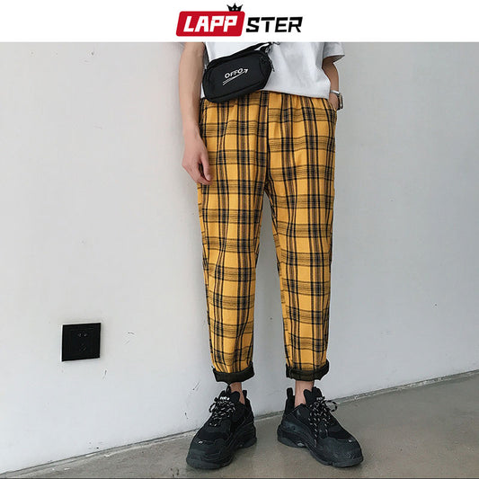 Streetwear Yellow Plaid Pants Men Joggers Man Casual Straight Harem Pants Men