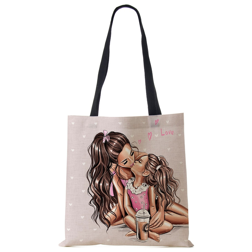 Cute Cartoon Super Mama Print Linen Tote Bag Reusable Shoulder Bags Mom