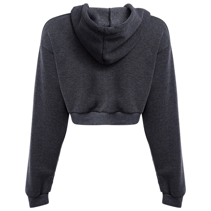 Women Hoodies Solid Crop Hoodie Long Sleeve Jumper Hooded Pullover