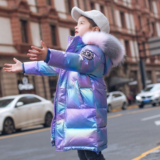 Winter Down Jacket For Girls Coat Waterproof Shiny Hooded Children