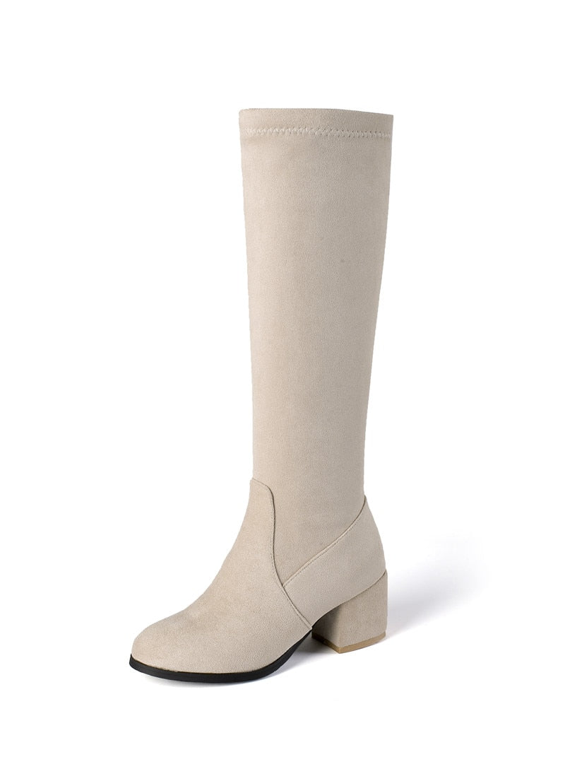 knee high boots thick high heels round toe ladies shoes winter black rice white