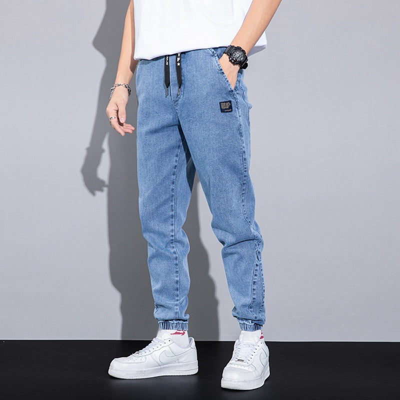 Autumn Loose Men's Jeans Text embroidery Baggy Elastic Waist Harlan