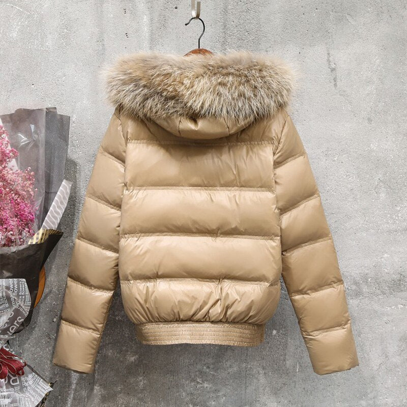 Winter Real Raccoon Fur Feather Jacket Women Hooded Slim White Down