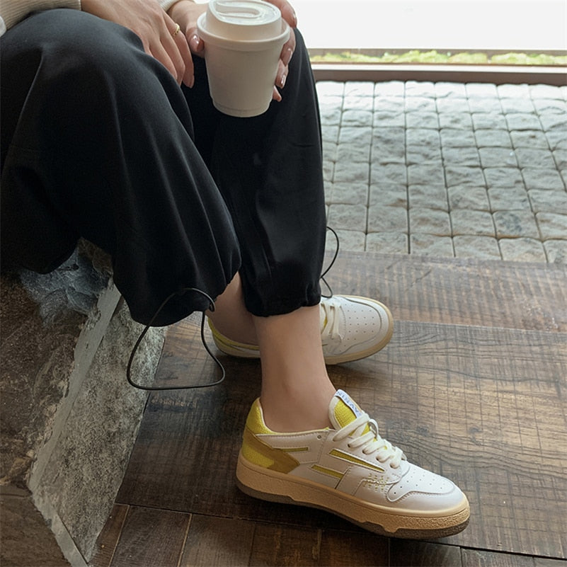 Sneakers Genuine Leather Shoes Woman Flat Lace up Shoes Round Toe