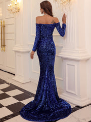 Off Shoulder Elegant Sequin Evening Party Blue Dress Sleeve Women Fashion Dress