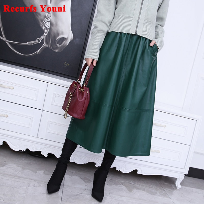 Jupe Longue Femme Women Genuine Leather Harajuku High Elastic Waist