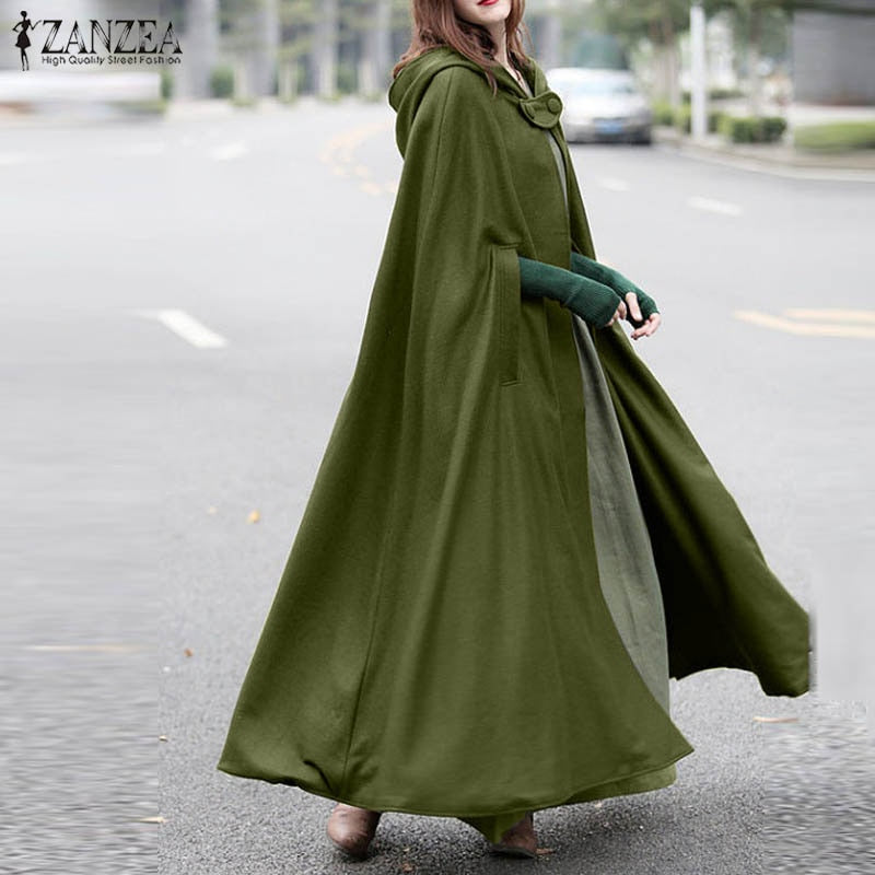 Women Autumn Winter Hoodies Long Cape Cloak Casual Hooded Coat