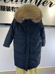 Winter Women Long Jacket Large Natural Fur Collar Hooded