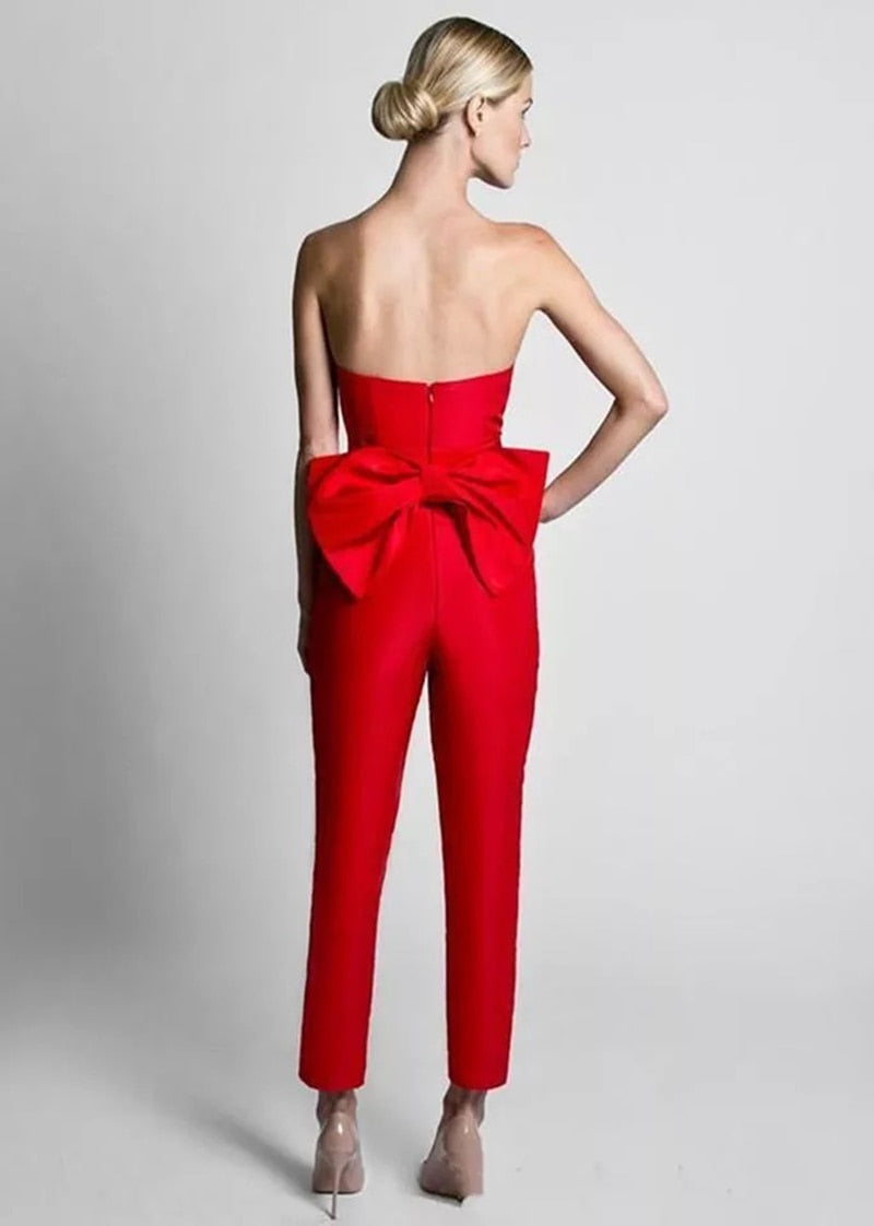 Evening wear Dresses: Red Jumpsuit Detachable Skirt Sweetheart Formal Pants