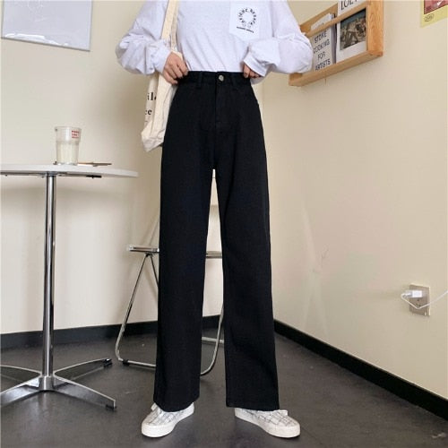 Women White Casual Jeans Autumn Korean Style All-match Loose High Waist