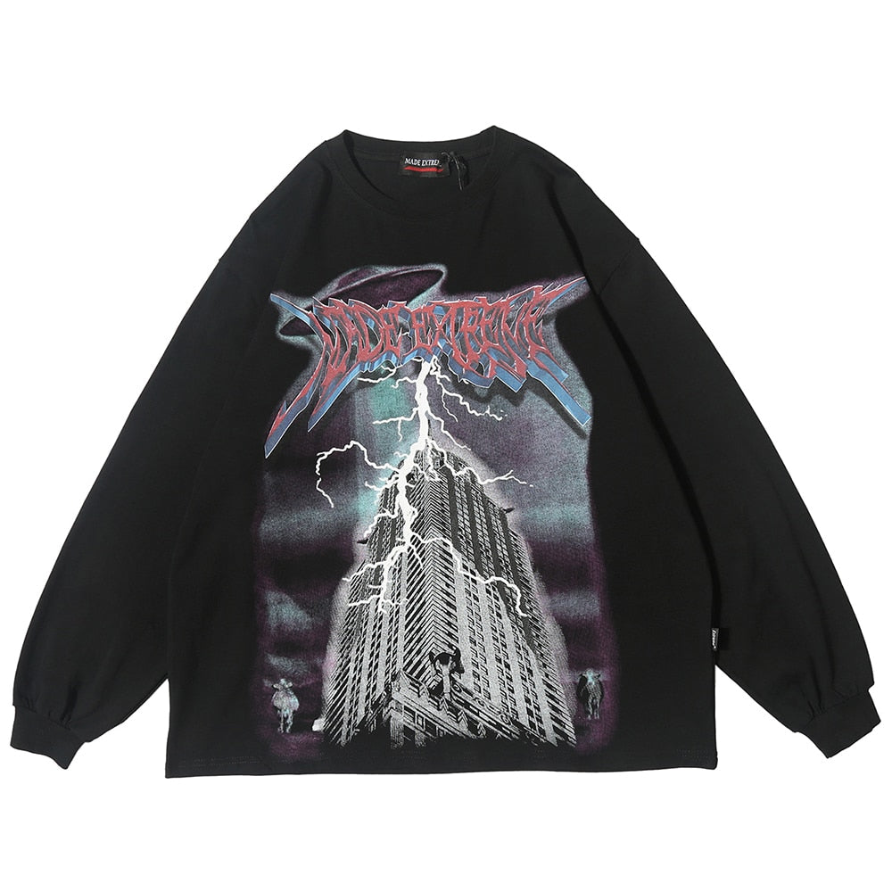 Lighting Graphic Long Sleeve T Shirts Gothic Punk Rock Tees Men Hip Hop