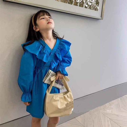 Spring Autumn Girls Dress Temperament Costumes Pure Color Stitching