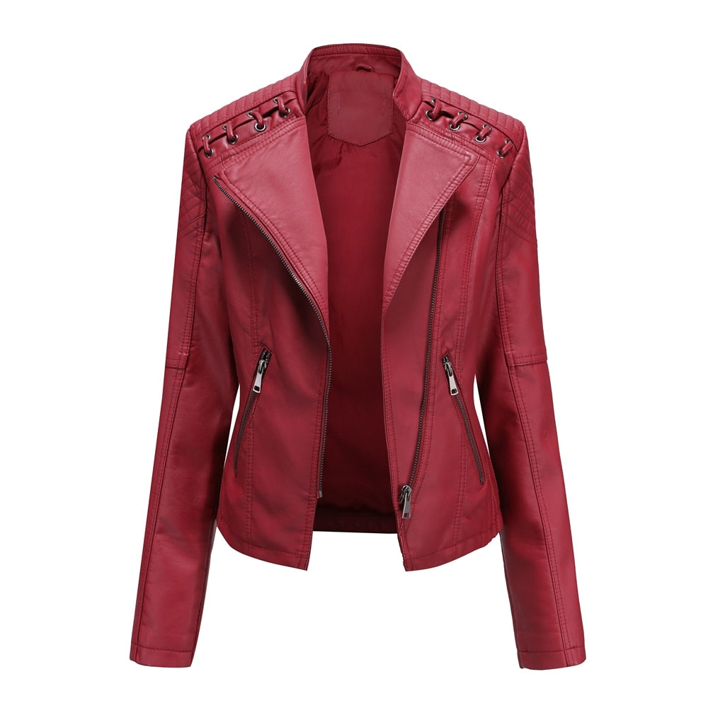 Women's Leather Jacket Slim Turn-down Collar Short PU Leather Jacket