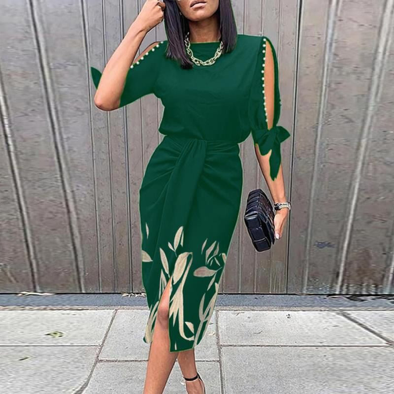 Women Hollow Out Short Sleeve Party Dress Women Elegant O Neck Folds