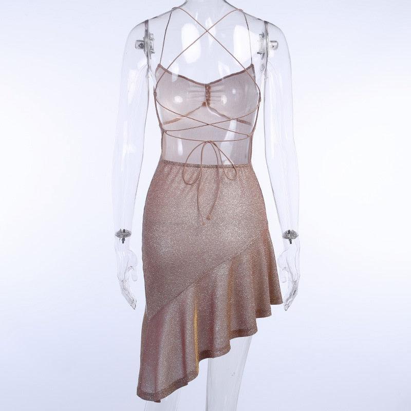 ALLNeon Glitter Dresses for Women Straped Criss-Cross Bandage Backless