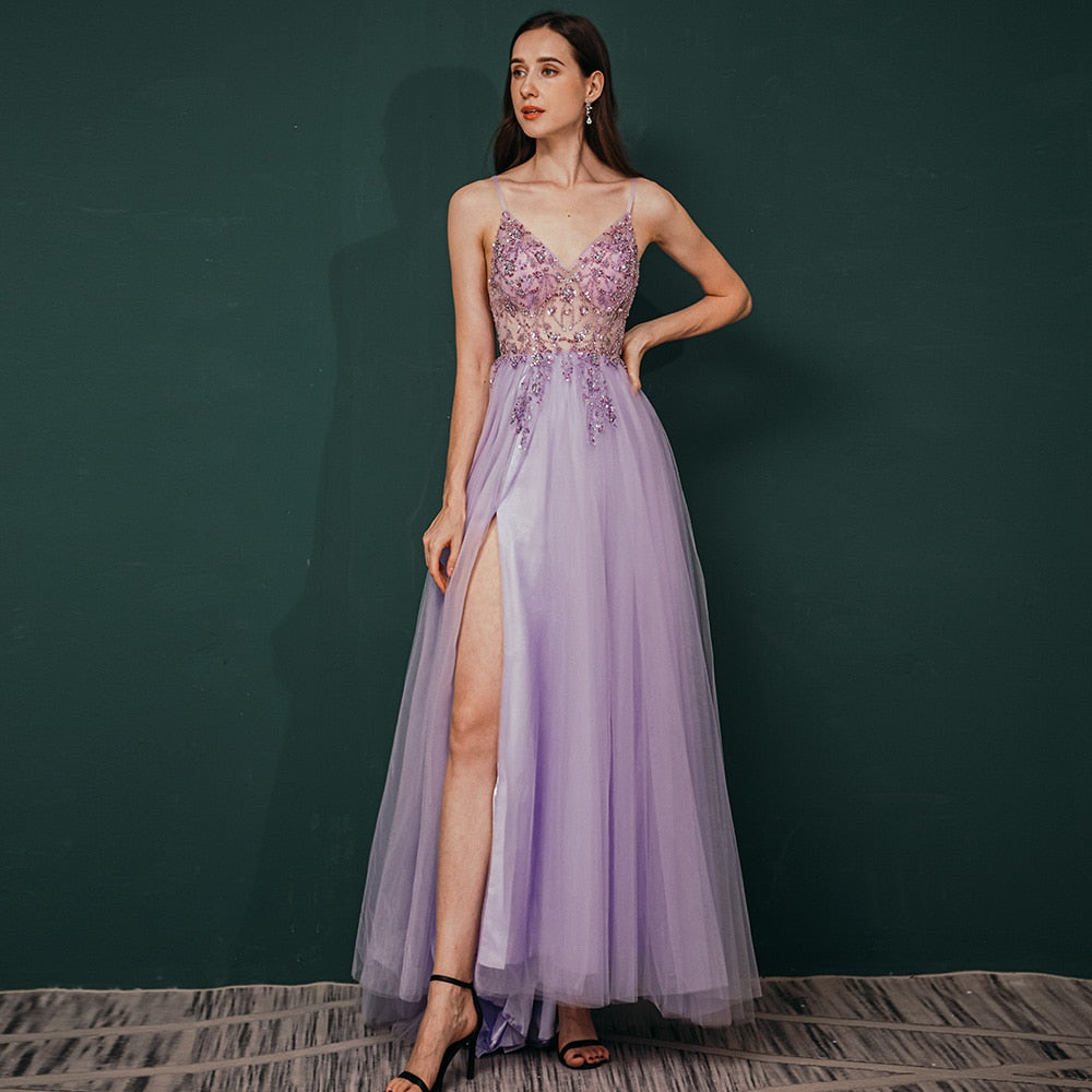 Prom Dresses Long Sexy See Through A-Line Split Tulle V Neck Spaghetti