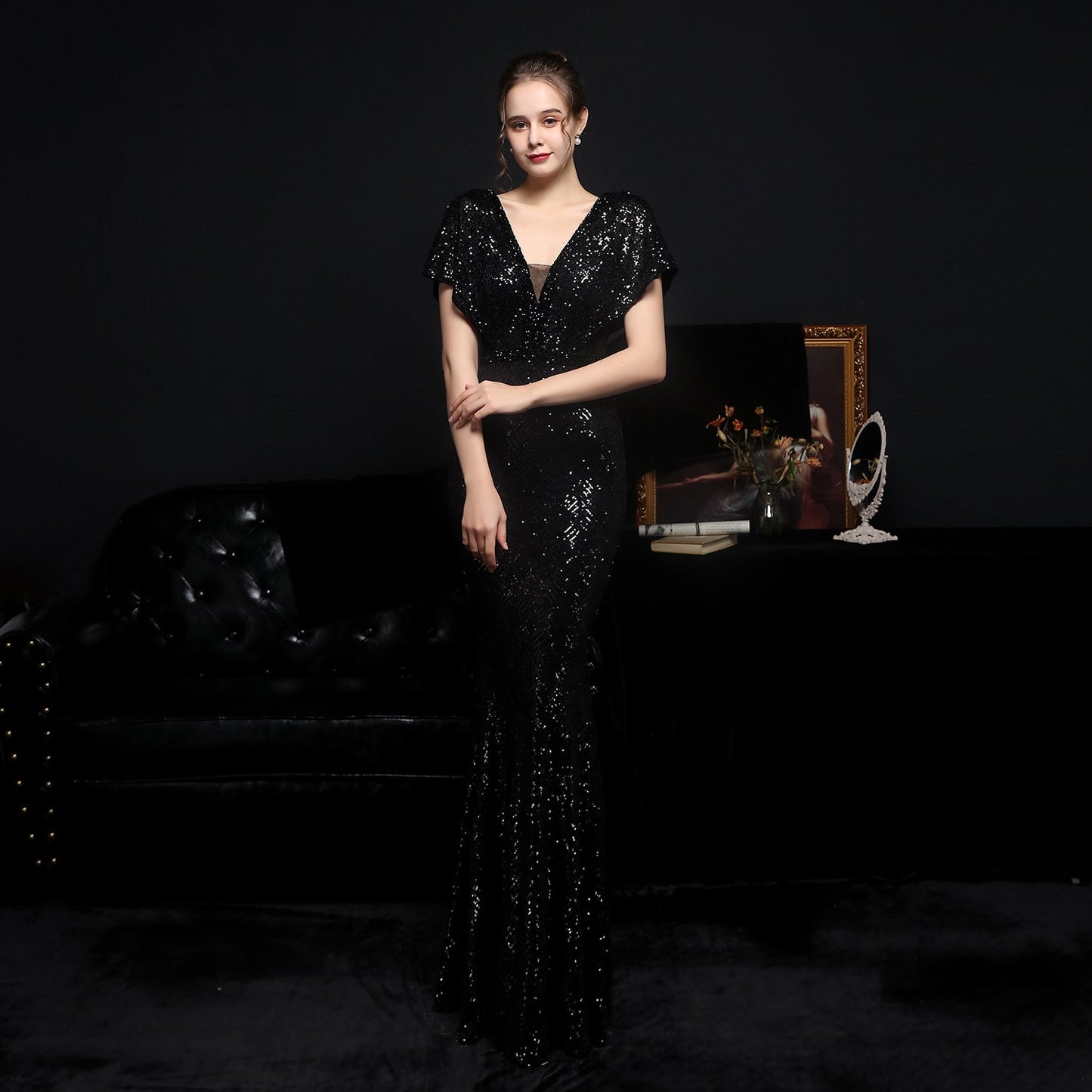 Evening wear Dresses: Elegant Gold Sequin Dress for Women Evening Dress with Beads