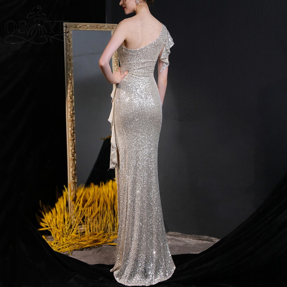 Evening wear Dresses: One Shoulder Silver Prom Dresses Ruffles Sequin Sheath