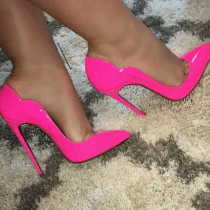 Veowalk Pink Curl Upper Women Patent Pointed Toe Stiletto High Heels