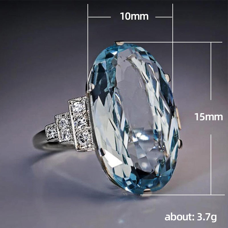 Female Light Sky Blue Wedding Ring Solitaire Band Oval Stone Engage Party