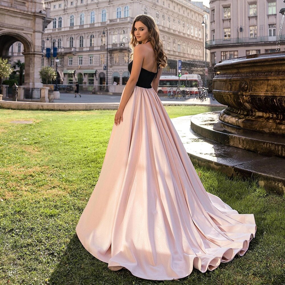 Evening wear Dresses: A-Line Evening Dress Halter Neck Sleeveless Evening Gown