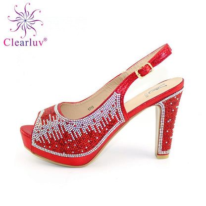 Italy Summer Sandals African shoes Whit bag set high heel italian Rhinestones and Diamonds ladies For Party