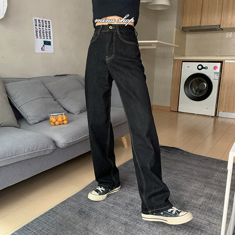 Vintage High Waist Women Black Jeans Autumn Street Wear Wide
