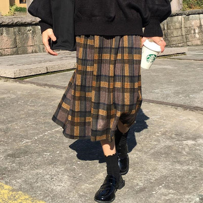 Vintage Wool Pleated Plaid Skirt Women High Waist Plus Size Long Skirt