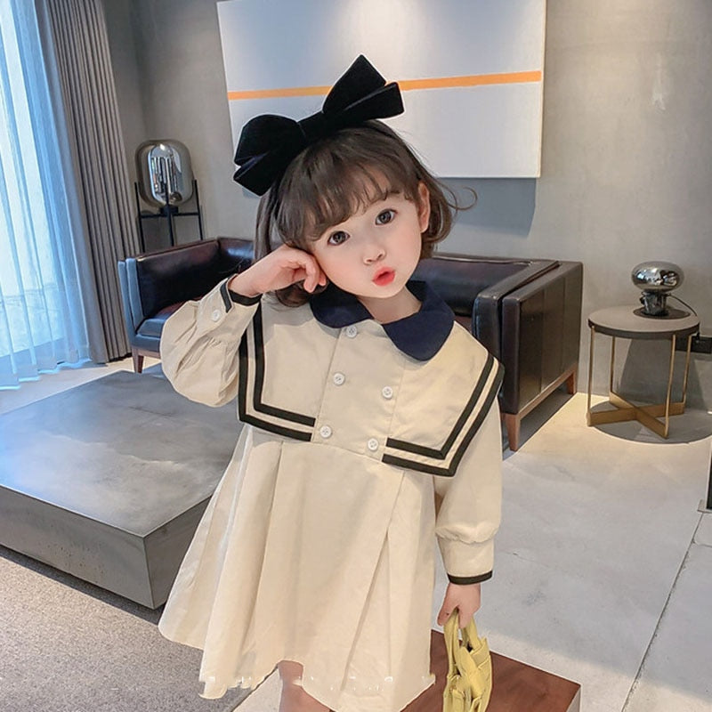 Spring Summer Girls Dress British Style Navy Collar Little Cute Long-Sleeved