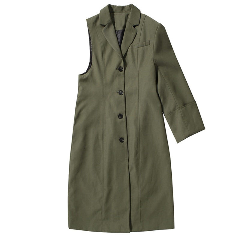Women Green Irregular Big Size Trench Lapel Long Sleeve Loose