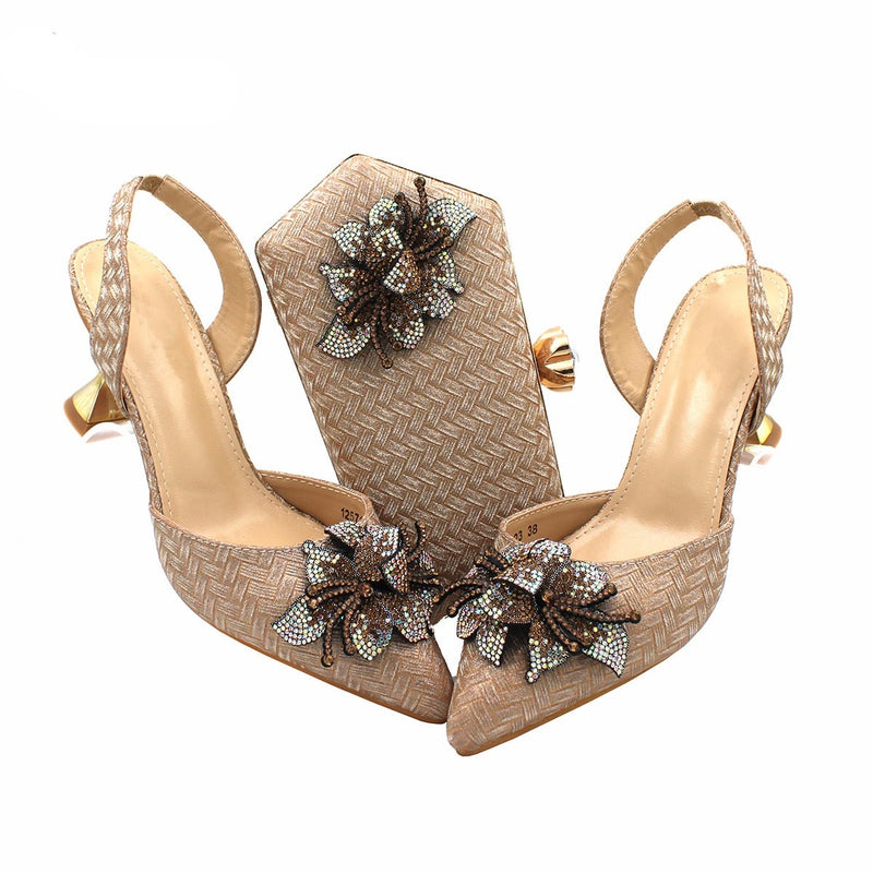 Italian Design Specials Pu Matching Shoes and Bag Set in Gold Color